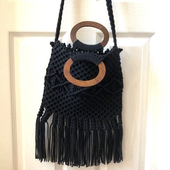 Danielle Nicole Macramé Fringe Black Handbag - Picture 8 of 11